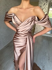 cheap PINK-Mermaid / Trumpet Evening Gown Elegant Dress Formal Wedding Court Train Flowy Dress Sleeveless Sweetheart Satin with Pleats Ruched Slit 2025