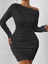 preiswerte Einfaches Kleid-Damen Minikleid Partykleid Gerafftes Kleid Mode Outdoor Party Ferien Normale Passform Einfach Langarm Schulterfrei Schwarz Sommer