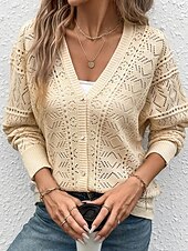 preiswerte Damen Einfache Oberteile-Damen Pullover Strickjacke Mode Streetwear Täglich Einfarbig Gerippt V Ausschnitt Gestrickt Loch Langarm Normale Oberteile Stricken Ferien Ausgehen Wochenende Aprikose Frühling Herbst
