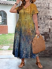 preiswerte Kleider-Damen Übergröße Freizeitkleid Ombre V Ausschnitt Kurzarm Sommer Frühling Mode Modern Lässig Maxikleid Ferien Wochenende Kleid