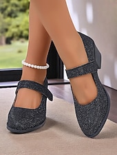 ieftine Block Heels-Pantofi Mary Jane cu toc bloc și sclipici pentru femei – tocuri joase aurii confortabile, cu bareta cu velcro, pentru purtare zilnică, evenimente școlare și ținute de inspirație retro