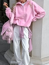 preiswerte Flauschige Sweatshirts-Damen Freizeitjacke Warm Bequem Reißverschluss Lässig Einfach Urlaub Ausgehen Pullover Regulär Umlegekragen Normale Passform Langarm Oberbekleidung Rosa Herbst Winter