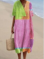 economico Abiti a Strisce e Geometrici-Per donna Abito Midi Vestito Estivo Abito a trapezio Vacanza Casual Spiaggia Feste Uscire Spiaggia Vestibilità comoda Grafico Geometrico Manica Corta Scollo a V Giallo scuro Rosa Blu Arancione Estate