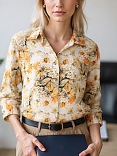 preiswerte Damen Kunst- und Design-Oberteile-Damen Bluse Elegante Oberteile Chiffon Tops Blumen Farbblock Elegant Täglich Stilvoll Langarm Hemdkragen Normale Oberteile Arbeit Täglich Knöpfe Druck Gelb Rosa Rote Braun Beige Frühling, Herbst