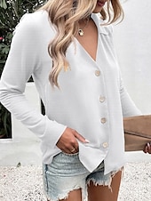 economico Top Semplici da Donna-Camicia da donna con bottoni blusa unicolore elegante casual a maniche lunghe scollata a V colletto regolare eleganti quotidiani stampa nera bianca blu fucsia estate primavera