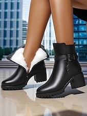 baratos Botas de tornozelo-Botas femininas de couro preto - botas de inverno de salto médio com forro de pele quente, zíper lateral e fivela para clima frio, trabalho &amp;roupas para atividades ao ar livre
