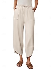 economico Pantaloni in lino e cotone semplici-Per donna Pantaloni in cotone e lino Chinos Moda Essenziale Lunghezza intera Vita Alta Semplice Tasca Coulisse Comodità All&#039;aperto Micro-elastico Vacanza Streetwear Quotidiano Esercito verde Nero Blu