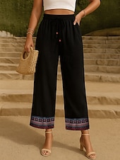 economico Pantaloni in lino e cotone semplici-Per donna Pantaloni in cotone e lino Chinos Pantaloni Moda Stile Etnico Essenziale Lunghezza intera Vita Alta Floreale Ricamato Tasca Coulisse Comodità All&#039;aperto Micro-elastico Vacanza Streetwear