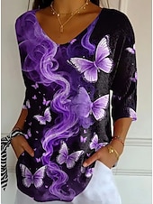 voordelige Bloemen tops-Dames Blouse Bloemig Grafisch Vintage Stijlvol Klassiek 3/4 mouw V-hals Normale tops Dagelijks Zwart en Wit Paars paars Zomer Lente Herfst