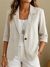 abordables Camisas-Blazer de lino y algodón para mujer, cómodo, transpirable, con bolsillos, informal, liso, para oficina, calle, uso diario, botonadura sencilla, cuello vuelto, corte regular, manga larga, prenda exterior, amarillo, rosa, albaricoque, verano, primavera.