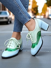 preiswerte 1950er Jahre-Zweifarbige Oxford-Schuhe mit Blockabsatz für Damen – Retro-Schnürschuhe in Mintgrün und Metallic für den Streetstyle im 50er-Jahre-Stil, Alltagsoutfits und legere Anlässe