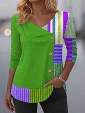 ieftine Tricou cu dungi și geometric-Pentru femei Tricou Grafic Geometric Plisat Modă Casual Manșon Lung Stil Nautic Topuri obișnuite Zilnic Peteci Nasturi Imprimeu Roșu-aprins Albastru piscină Mov Trifoi Primăvară Toamnă Iarnă