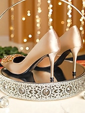 ieftine Pantofi clasici-Tocuri înalte cu vârful ascuțit din satin auriu pentru femei - pantofi eleganți cu cataramă cu strasuri pentru cocktailuri și evenimente de seară