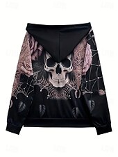 abordables Tops de Halloween-Sudaderas de mujer de Halloween con gráfico de calavera activas vintage de deportes de manga larga con capucha tops regulares casual vacaciones con cremallera con cordón negro primavera otoño