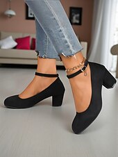 baratos Block Heels-Sapatos Mary Jane femininos de salto bloco vermelho - sapatos sociais de camurça sintética com bico redondo e tira no tornozelo, estilo vintage para escritório, festas e uso diário