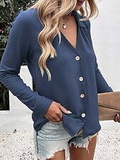 economico Top Semplici da Donna-Camicia da donna con bottoni blusa unicolore elegante casual a maniche lunghe scollata a V colletto regolare eleganti quotidiani stampa nera bianca blu fucsia estate primavera