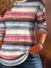 billiga Randig och geometrisk t-shirt-Kvinnors T-shirt Crew Neck Långärmad Tunika Grafisk Geometrisk Randig Vintage Stilren Rundhalsad Regula Tops Daglig Tryck Dammig Ros Höst