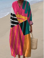 billige Stripete og geometriske kjoler-Dame Midikjole Solkjole Kjole med A-linje Ferie Fritid Bohem Ut på byen Strand Grafisk Geometrisk Stripe Langermet V-hals Aske Svart Gul Blå Sommer Vår Høst