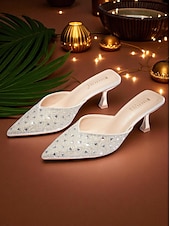 baratos cocktail-mules femininas de bico fino com strass prateados - sapatos elegantes de salto médio sem cadarço para coquetéis e eventos noturnos