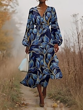 cheap Floral Dress-Women&#039;s Midi Dress Casual Dress Chiffon Swing Dress Modern Vacation Daily Weekend Regular Fit Floral Long Sleeve V Neck Blue Green Dark Blue Summer Spring Fall Autumn