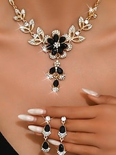 abordables Collar de mujer-Conjunto de collar y pendientes de cristal azul bañados en oro para mujer con diseño floral: elegante joyería de fiesta para eventos formales y celebraciones nocturnas.