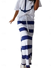 ieftine Rochie cu dungi și geometrică-Pentru femei Set de rochii Rochii Tricou Casual Dunga Cordon Imprimeu Rochie Maxi Manșon scurt De Pe Umăr În aer liber Zilnic Alb Albastru piscină Vară Primăvară Fit regulat