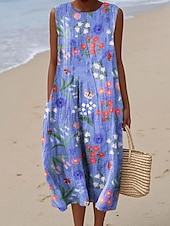 billiga Bohemklänningar-Dam Midiklänning Solklänning Skiftklänning A linjeklänning Semester Ledigt Boho Utekväll Strand Lös passning Blommig Grafisk Ärmlös Rund halsringning Rodnande Rosa Purpur Grön Naturvit Sommar Vår