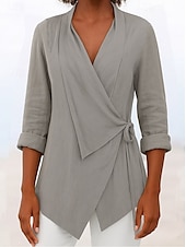 cheap Plain Tops-Women&#039;s Blouse Solid Color Elegant Stylish Basic Long Sleeve V Neck Regular Tops Daily Holiday Tie Front Black Pink Blue Brown Gray Summer Fall