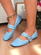 cheap Women&#039;s Flats-Women&#039;s Almond Patent Leather Mary Jane Flats with Rhinestone Buckle  - 1960s Mod Style Comfortable Ballet Shoes for Teens and Ladies, Ideal for School, Parties, and Daily Wear