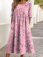 abordables Robe Fleurie-Femmes Robe Midi Robe Décontractée Robe trapèze Robe d&#039;été Vacances Occasionnel Fête Coupe Ample Fleuri Graphique Demi Manches Col ras du cou Jaune Rose Claire Bleu Vert Été Printemps