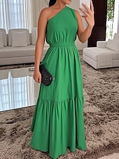 tanie Sukienki na przyjęcia-Damskie Długa sukienka sukienka maxi Sukienka koktajlowa Sukienka dla gościa weselnego Szyfon Sukienka rozkloszowana Moda Nowoczesny Na zewnątrz Urlop Regularny Równina Bez rękawów Na jedno ramię