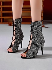 abordables Bottines de danse-Bottines de danse à bout ouvert et strass pour femmes - bottines à talons courts et lacets scintillants pour les spectacles de salon et de scène latins