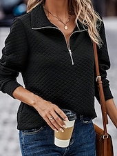 tanie Teksturowane bluzy i swetry-Damskie Bluza z kapturem i bluzą Równina Moda miejska Codzienny Wygodny Długi rękaw W serek Zwykłe topy Ulica Święto Wyjściowe Quarter Zip Czarny Jesień