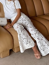 economico Pantaloni a zampa da donna-Per donna Gamba larga Pantaloni a zampa Pantaloni Eleganti Streetwear Casual Lunghezza intera Naturale Semplice Pizzo Elastico in vita Morbido Ferie Abbigliamento quotidiano Weekend Bianco Autunno