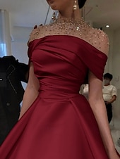 abordables Champagne-Robe de soirée en A Élégante Robe Formelle Longueur de sol Manches courtes Illusion Encolure Satin avec ruché perlé