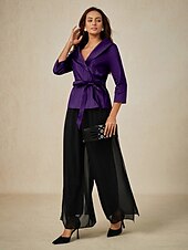 preiswerte Hosenanzüge für Mama-Zweiteilig Brautmutterkleid Elegant V Ausschnitt Knöchellänge Taft Dreiviertelarm mit Schärpe / Band Schleife(n) 2025