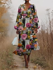 preiswerte Blumenkleid-Damen Midikleid Freizeitkleid Chiffon Schwingkleid Modern Urlaub Täglich Wochenende Normale Passform Blumen Karomuster Langarm V Ausschnitt Rosa Fuchsie Grün Sommer Frühling Herbst