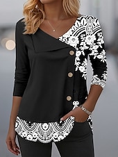 preiswerte Boho-T-Shirt-Damen T Shirt Grafik Stammes Elegant Mode Lässig Langarm Rundhalsausschnitt V Ausschnitt Normale Oberteile Täglich Patchwork Knöpfe Druck Schwarz Rosa Blau Purpur Grün Frühling Herbst Winter