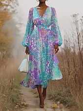 cheap Art&amp;Design Dress-Women&#039;s Midi Dress Casual Dress Chiffon Swing Dress Modern Vacation Daily Weekend Regular Fit Leopard Long Sleeve V Neck Pink Blue Purple Green Summer Spring Fall Autumn