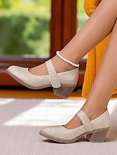 ieftine Block Heels-Pantofi Mary Jane cu toc bloc și sclipici pentru femei – tocuri joase aurii confortabile, cu bareta cu velcro, pentru purtare zilnică, evenimente școlare și ținute de inspirație retro