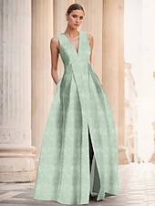 abordables FLORALES-Robe de soirée A-Line en jacquard floral verte élégante Robe de mariage formelle longueur au sol sans manches en V en nylon avec poche fente Robe invitée de mariage