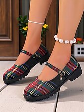cheap Women&#039;s Flats-Women&#039;s Red Plaid Mary Jane Flats - Chunky Sole Tartan Shoes with Buckle Strap, Casual School Style for Teens and Fall Outfits