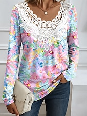 voordelige Bloementhee-Dames Blouse Bloemig Grafisch Elegant Modieus Lange mouw Ronde hals Normale tops Dagelijks Uitgaan Weekend Kant Lapwerk Afdrukken Blozend Roze Rood blauw Oranje Zomer Lente Herfst
