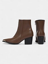 Недорогие Ботильоны-Женские коричневые ботильоны с острым носком из искусственной кожи – ботильоны в стиле вестерн на среднем каблуке с металлическим носком и молнией сбоку, повседневная осенняя обувь для городского уличного стиля и офисных нарядов