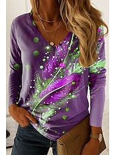 abordables T-shirt Art &amp; Design-Femmes T-shirt Graphique Plume ancien Élégant Occasionnel manche longue Col en V Hauts Réguliers Quotidien Imprimé Bleu Violet Vert Printemps Automne