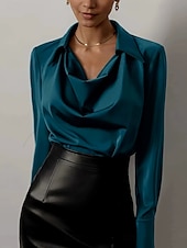 cheap Dressy Tops-Women&#039;s Shirt Solid Color Plain Elegant Vintage Tropical Long Sleeve Cowl Neck Shirt Collar Regular Tops Work Daily Semi Formal Ruched Black White Dusty Rose Blue Summer Spring