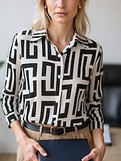 abordables Hauts d&#039;Art et de Design pour Femmes-Femmes Chemisier Hauts Élégants Hauts en mousseline de soie Géométrique Bloc de Couleur Élégant Quotidien Travail manche longue Col de chemise Hauts Réguliers Travail Quotidien Boutons Imprimé Noir