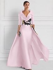 abordables ROUGE-Robe de soirée vintage A-line rouge robe élégante en tuxedo longueur au sol manches 3/4 col de chemise en satin avec appliques