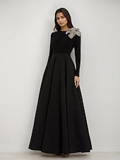 ieftine negru-Rochie de seară elegantă, cu imprimeu A-line, din catifea, crep elastic, cu cravată neagră, rochie formală de mireasă, lungime până la podea, mânecă lungă, decolteu rotund, cu imprimeu floral și