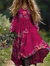 abordables Robes fleuries-Femmes Robe maxi Robe d&#039;Été Robe Plissée Vacances Occasionnel Boho Sortir Plage Fleuri Graphique Paisley manche longue Col en V Vert foncé Vin Gris foncé Bleu Été Printemps